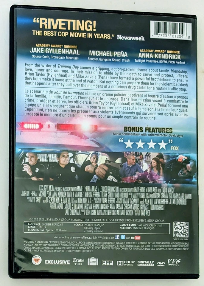 End of Watch DVD (2012) - Region 1 - FR/EN - VG+ (Tested) - Image 3 of 4