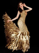 Wholesale See Through Long Feather Hem Evening Prom Dresses Mermaid Dress for Wo