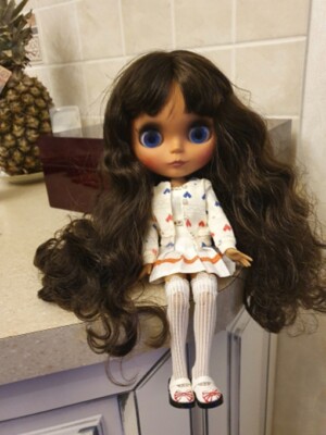 12''Blythe doll Nude dark brown hair matte shell dark skin face makeup joint body