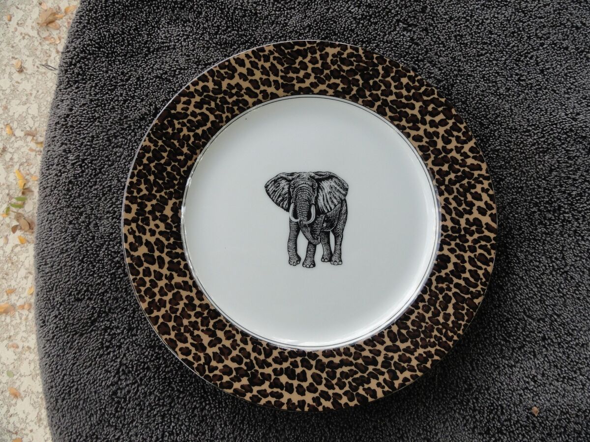 Fitz & Floyd Serengeti Gray Elephant Brown Leopard Skin Rim