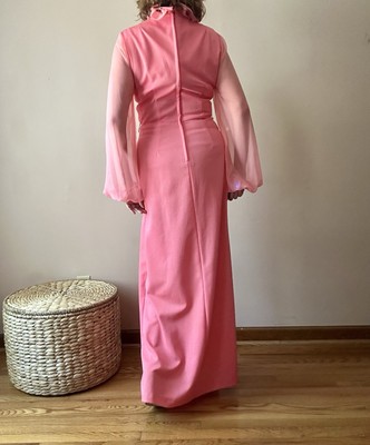 Vintage 70s Coral Pink Ruffled Sheer Bishop Sleeve Maxi Hostess Dress Hippie | eBay Vintage 70s Coral Pink Ruffled Sheer Bishop Sleeve Maxi Hostess Dress Hippie | eBay