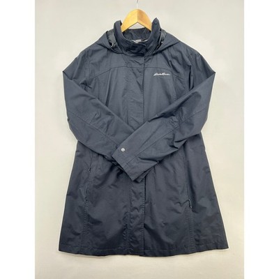 Eddie Bauer WeatherEdge Rain Jacket Womens XL Black Hooded Longline Parka Coat