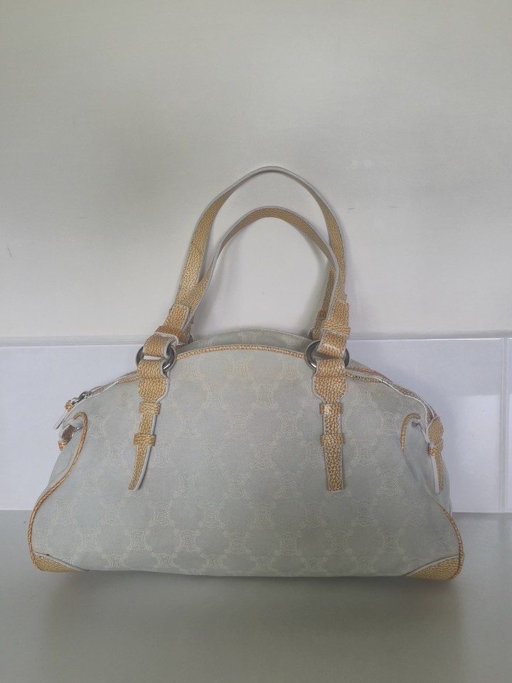 Céline CELINE Paris Macadam Canvas Handbag White/Gray Authentic
