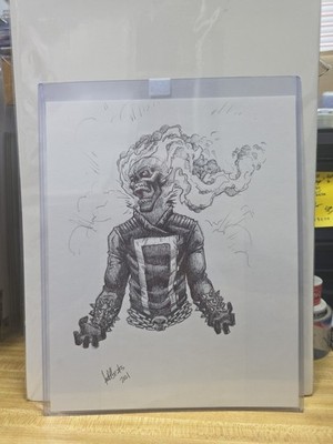GHOST RIDER ORIGINAL ART IN BALL POINT PEN 9''x12'' SIGNED TODD BEATS. W/COA. 1/1
