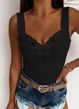 Womens Lace Tank Tops V Neck Summer Lace Vest Slim Fit Sleeveless Tee Plus Size