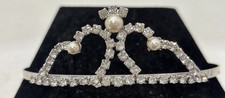 Vintage 1950s Tiara Crown Prong Set Rhinestones Faux Pearl Comb Wedding Child Sz