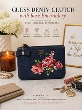 Guess Denim Clutch Wallet Rose Embroidery Bow Charm Zip 9x7 Blue