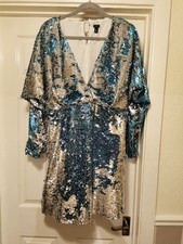 Size 16 River Island Blue And Silver sequin Short Prom Dress Long Sleeve Lined