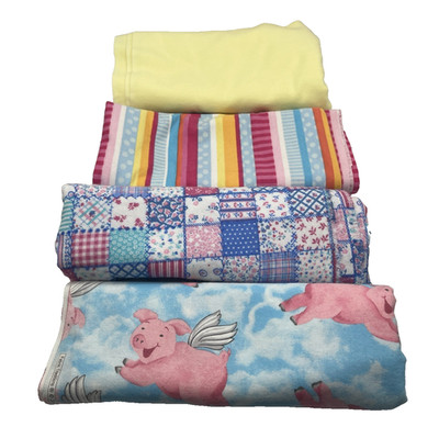 Lot of 4 Flannel Fabric Remnants Flying Pigs Patchwork Stripes Yellow Mixed