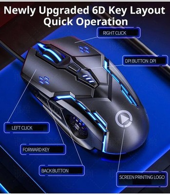USB Gaming Mouse 3200 DPI Black Illuminated Gamer Mouse Wired