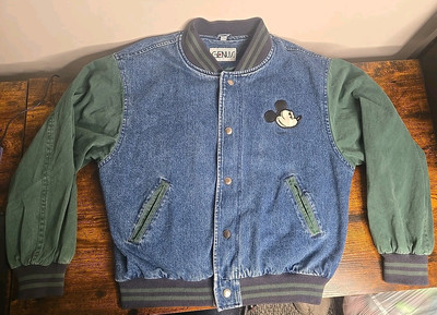VTG 90s Genius DISNEY Mickey Mouse Denim Blue Green Snap Varsity