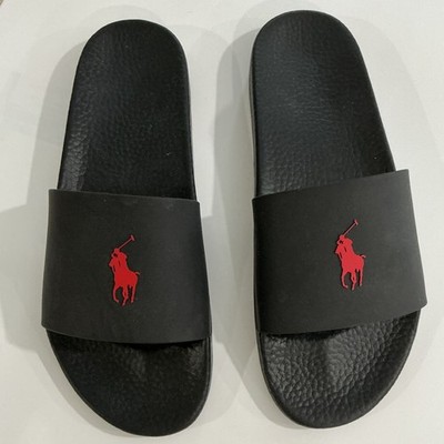 Polo Ralph Lauren Men's Black Slide Sandals Red Logo Synthetic