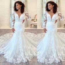 Elegant Mermaid Wedding Dresses Long Sleeve V Neck Lace Applique Bridal Gowns