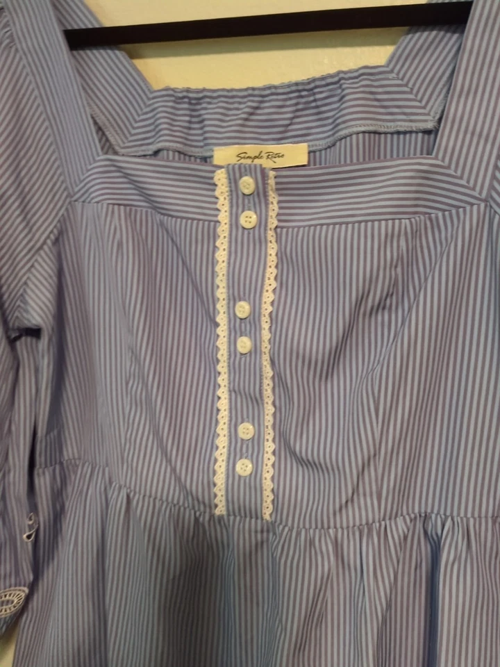 Simple Retro Indigo Embroidered Puff Sleeve Square Neck Dress Blue Purple Large - Image 3 of 4