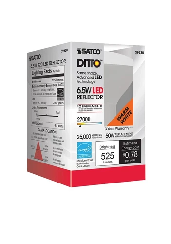 Satco S9630 LED Reflector 6.5W =50W R20 E26 Dimmable Frost 2700K Warm White-2 PK - Picture 6 of 10