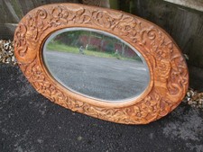 Antique Arts & Crafts carved oak mirror, large and imposing