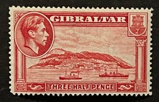 Sellos de viaje: estampillas de Gibraltar de 1938 Sg 123 - 14 Perf KGVI tres medios peniques MOGH.