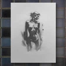 Original Classical Watercolor 8x10 Black And White Painting Nude Female Figure
