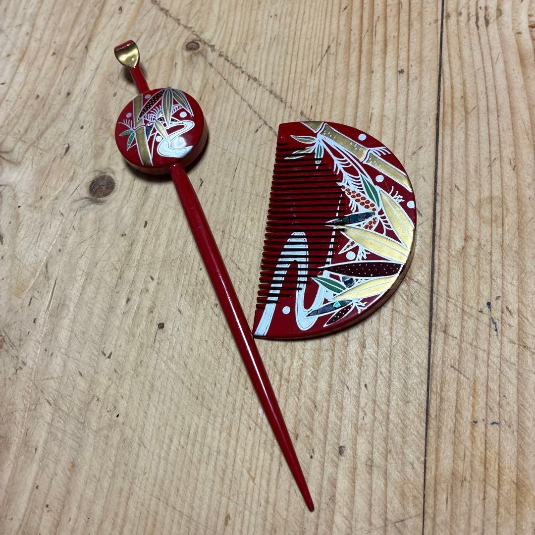 Mother-of-Pearl Hairpin & Comb Set Bamboo Gold Lacquer Japanese Style