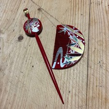 Mother-of-Pearl Hairpin Comb Set Bamboo Gold Lacquer Japanese Style