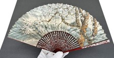 Small Antique Hand Painted Chinese Lacquered Bamboo Fan Plum Floral c1920-1940