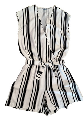 LIU JO Striped Romper Women's XL-XXL Sz 16 Black Wht  Italy  Pockets Self Belt