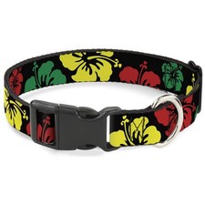 Plastic Clip Collar - Hibiscus CLOSE-UP Black/Green/Yellow/Red - 1/2" Wide - ...