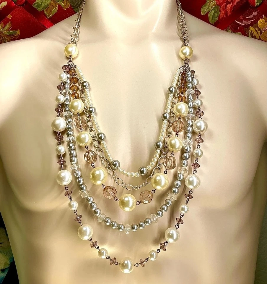 Collar de perlas simuladas gruesas Avon SAQ en capas maximalista joyería Foto 2 de 4