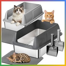 XL Stainless Steel Cat Litter Box 2 Pack High Sides Odor Resistant Easy Clean Li