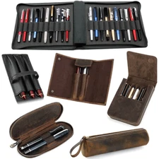 Handmade Leather Pen Pouch Zipper Brown Pencil Case Stationery Storage Box Gifts