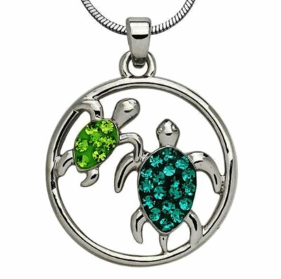 Sea Turtle Charm Pendant Necklace Green Blue Crystals Fast Shipping