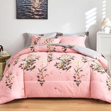 AIKASY Pink Twin Comforter Set with Sheets,Bed in a Bag 6-Pieces,Palm Tree To...