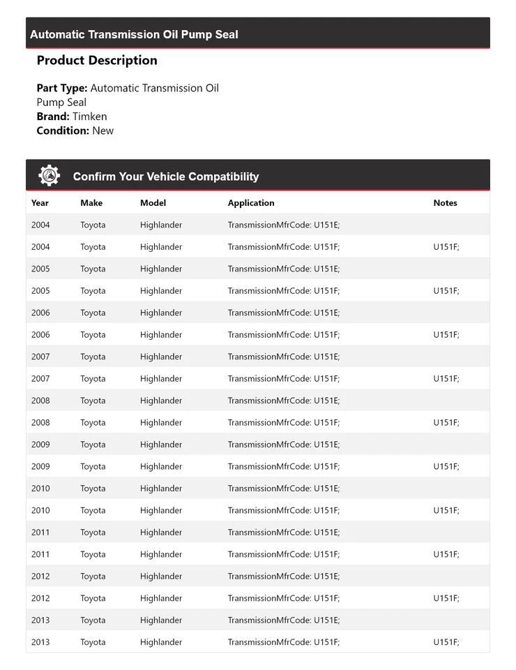 Sello de bomba de aceite de transmisión automática Timken 2005 para Toyota Highlander 2004-2013 Foto 2 de 4