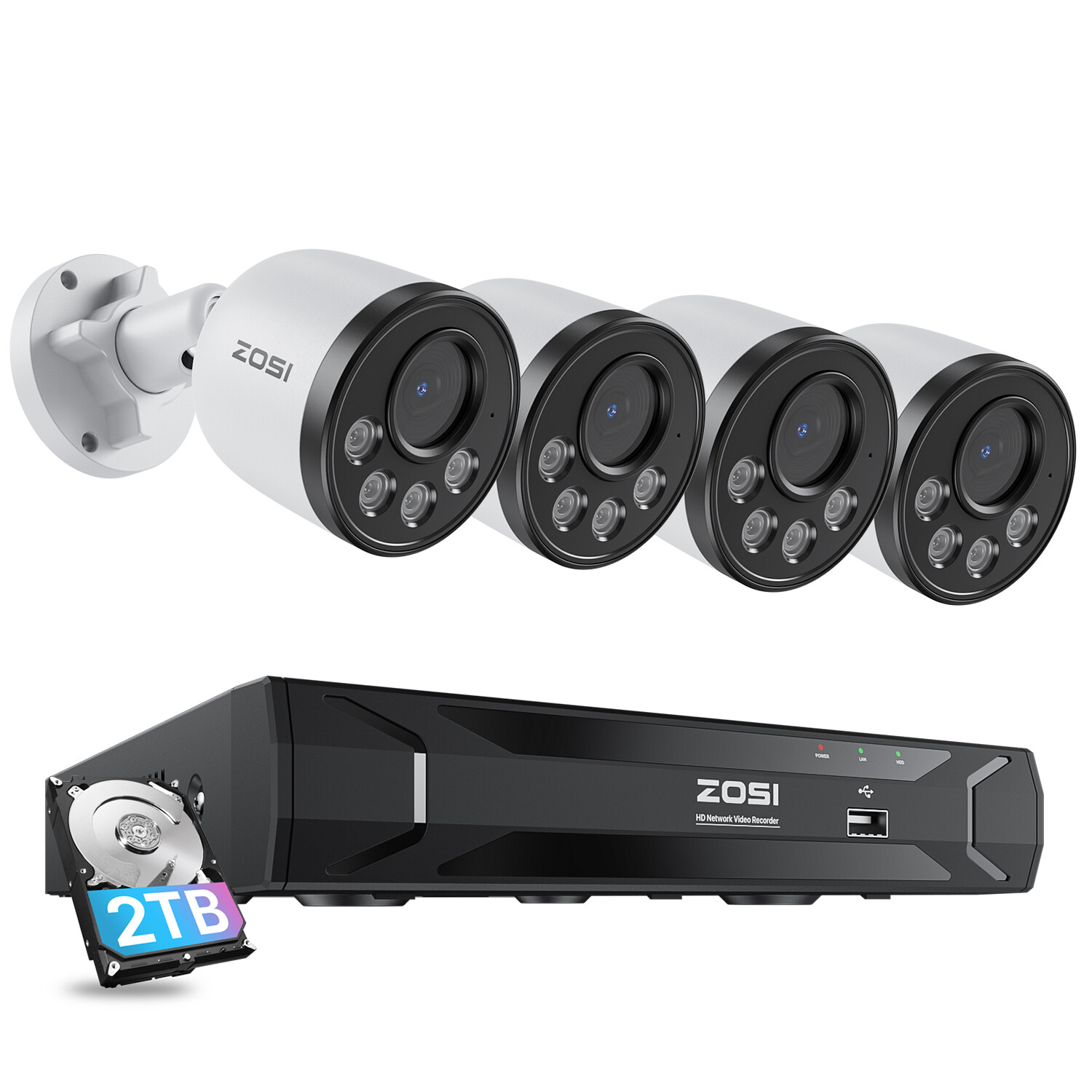 ZOSI H.265+ 5MP 8CH NVR Wired PoE Security 2.5K IP Camera System Outdoor Mic 2TB