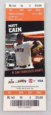 MLB 2012 07/13 Houston Astros at SF Giants Full Ticket-Bumgarner WP, Posey HR