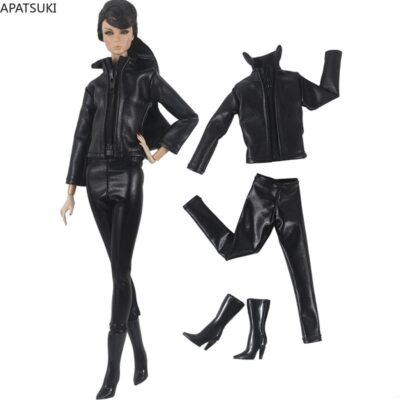Schwarzes Leder Reißverschluss Jacke Kleidung Set für Barbie Puppe Hosen Stiefel