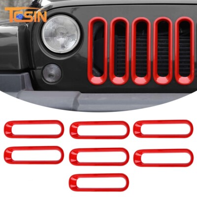 Red Front Grill Mesh Grille Insert Kit Trim for Jeep Wrangler JK 2007-18 7pc ABS