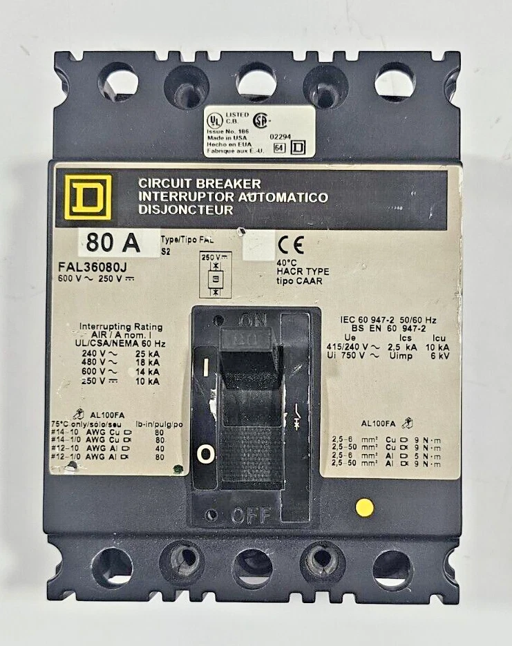 SQUARE D FAL36080J Used Working Power Distribution Circuit Breaker