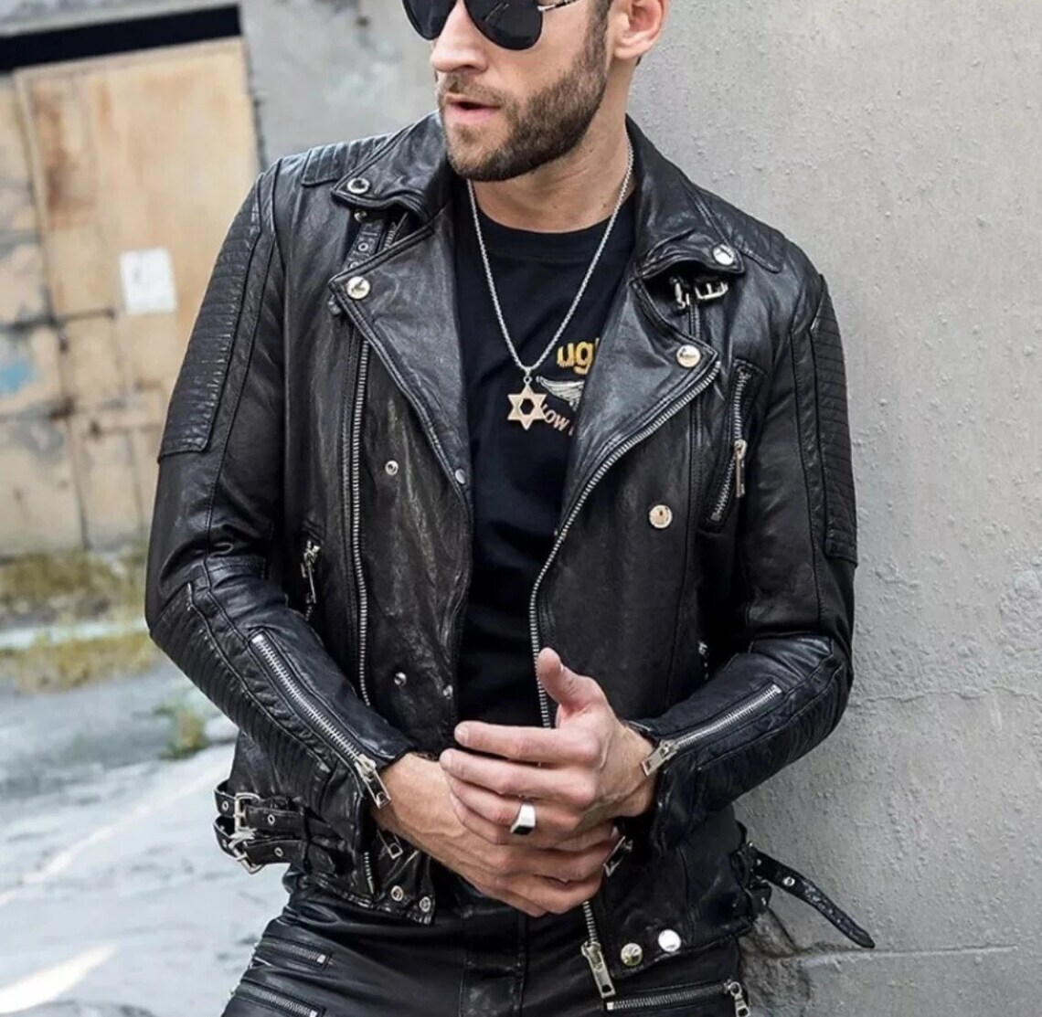 CELEBRITY New Men's Black Leather Jacket 100% Real Lambskin Moto Biker  Jacket