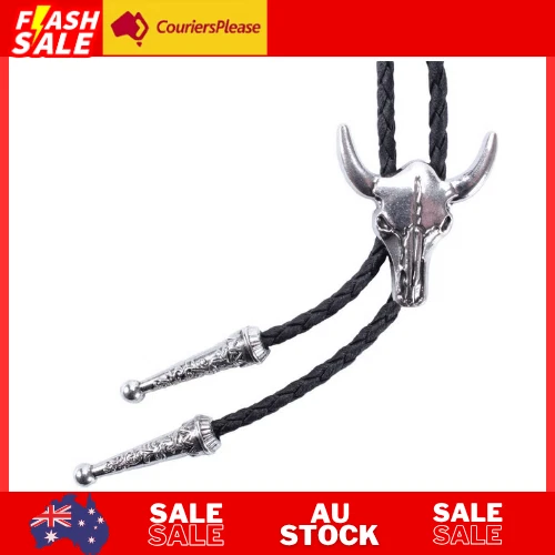 Western Vintage Bolo Tie for Men - Cow Skull Design Cowboy Tie - Black Leather B