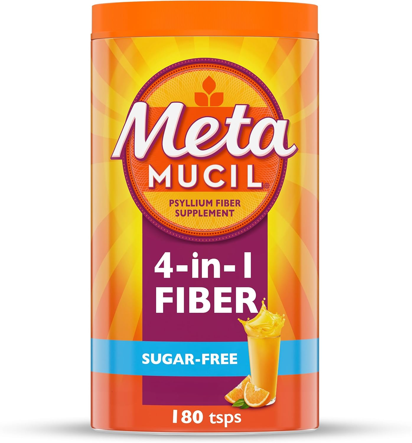 4-In-1 Psyllium Husk Fiber Supplement, Sugar-Free, 180 Teaspoons, Orange Flavore
