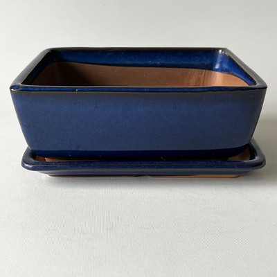 Vtg Japanese Blue Glazed Ceramic Bonsai Pot Planter w/ Matching Tray 6'' Footed