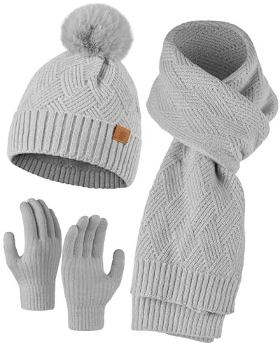 Hat Gloves Scarf Set Women - 3-Piece Scarf and Gloves Set for Women with Grey