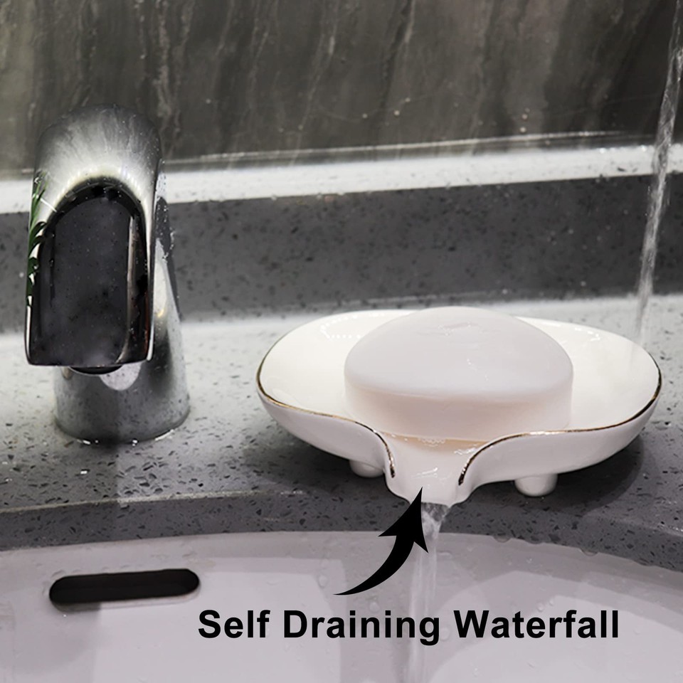 Solted Pipe White Soap Dish Ceramic Self Draining Soap Dish Waterfall Slot Gold ...