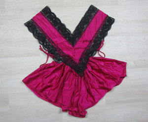 Vintage 80s Nylon Lace Teddy Romper Bodysuit (S) Hot Pink Sexy Ruffle