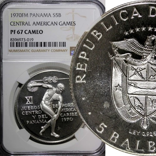 Panama Silver PROOF 1970 FM 5 Balboas NGC PF67 CAM.Central Americ.Games KM#28(9)