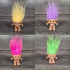 Lot of 4 Vintage Ace Novelty Treasure 3" Trolls w/ Gems Pink Purple Yellow Green