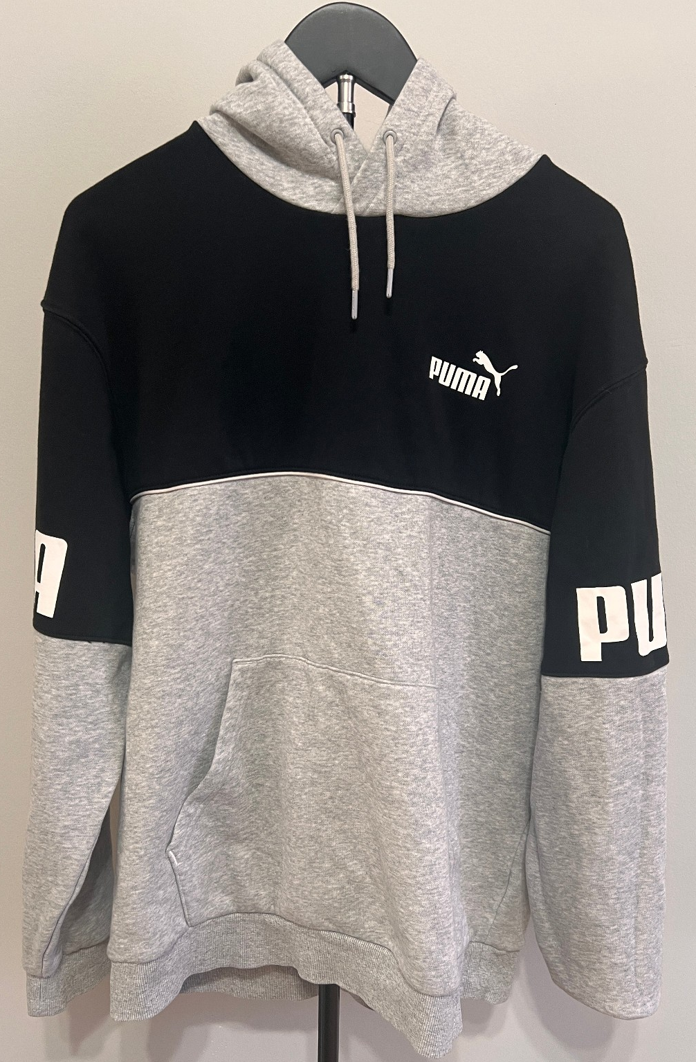Puma Mens Gray Hoodie Sweatshirt Colorblock Pullover Logo Long Sleeve Size L