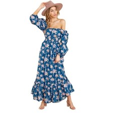 LoveShackFancy Floral Cotton Midi Dress Blue Pink Puff Sleeve Smocked Size L