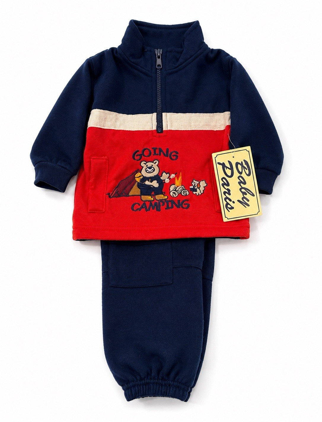 Baby Paris 2pc Fleece Pants Set 1/4 Zip Sweatshirt 6-9M Navy/Red Camping, N5